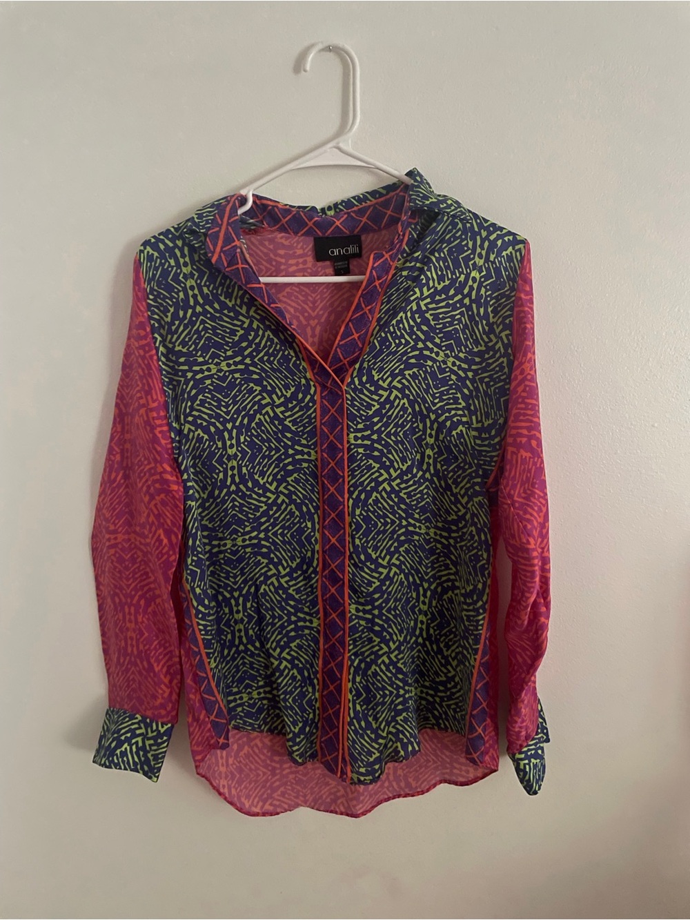 Analili Mixed-Print Button Down Blouse in Pink & Navy with Lime & Orange Accent